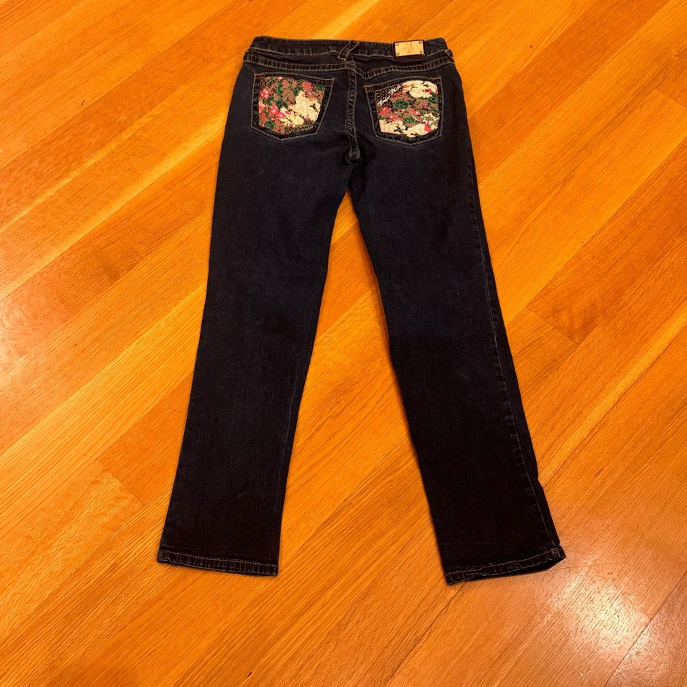Baby Phat Blue Straight Leg Jeans With Floral Embroidered Pockets Y2K Streetwear